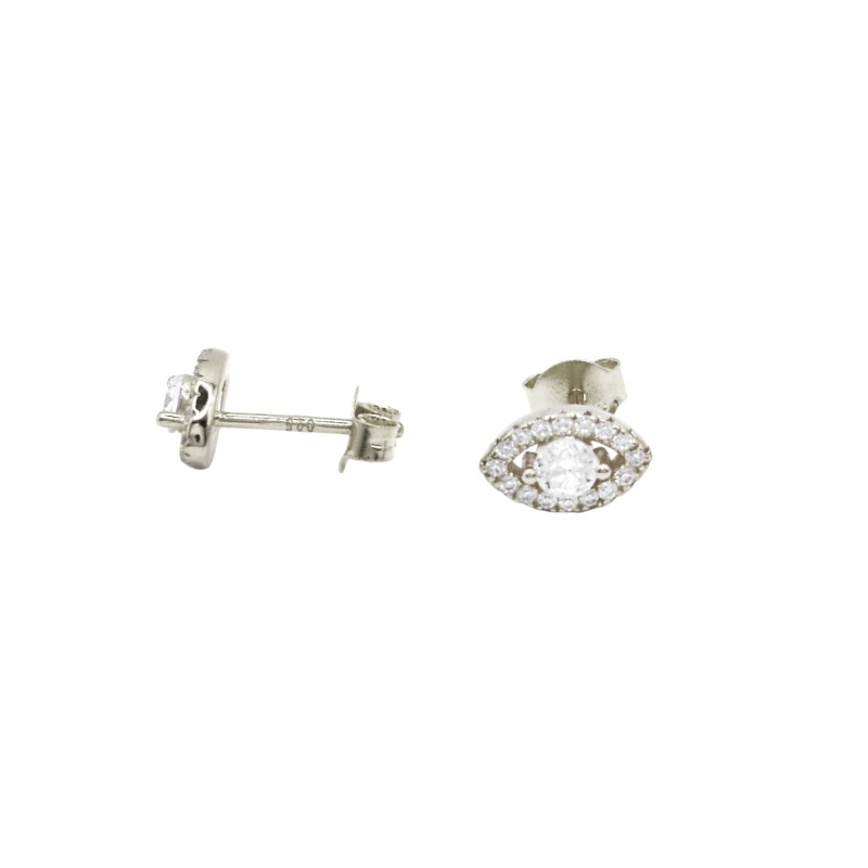 Orecchini a lobo occhio zirconato bianco con pietra centrale bianca placcati oro bianco in argento 925