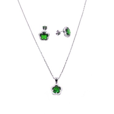 Parure con collana rollò ciondolo e orecchini di zirconi a fiore verde in cornice di zirconi placcato oro bianco argento925