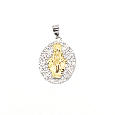 Ciondolo medaglia miracolosa placcato oro bianco con madonna placcata oro giallo su base zirconata bianca placcata
