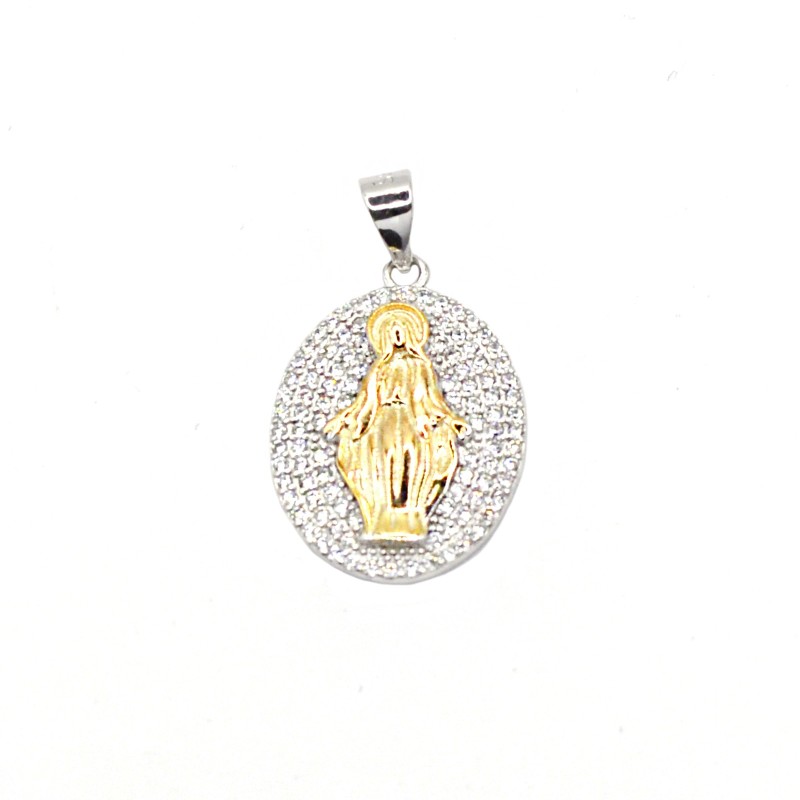 Ciondolo medaglia miracolosa placcato oro bianco con madonna placcata oro giallo su base zirconata bianca placcata