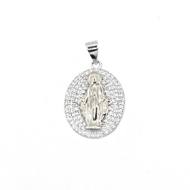 Ciondolo medaglia miracolosa placcato oro bianco con madonna placcata oro bianco su base zirconata bianca placcata