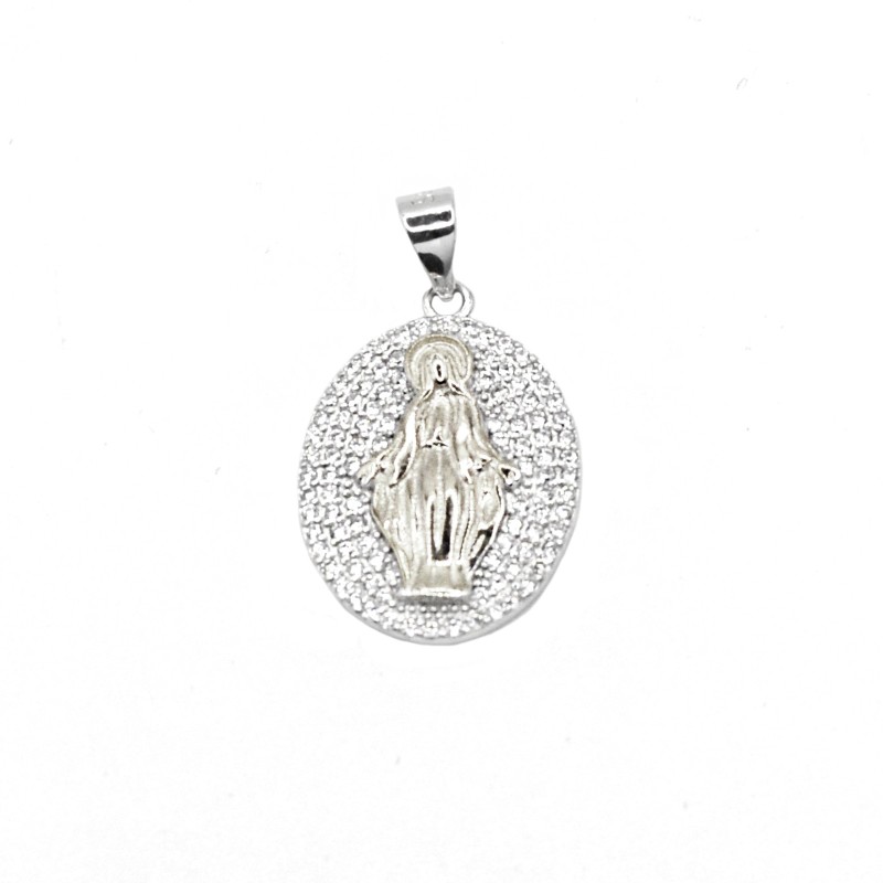 Ciondolo medaglia miracolosa placcato oro bianco con madonna placcata oro bianco su base zirconata bianca placcata