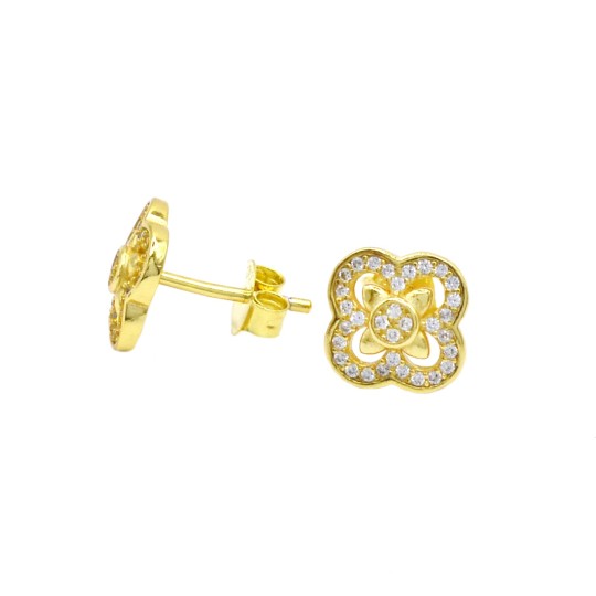 Orecchini a lobo con attacco a pressione fiore semi zirconato bianco con tondo centrale placcato oro giallo in argento925