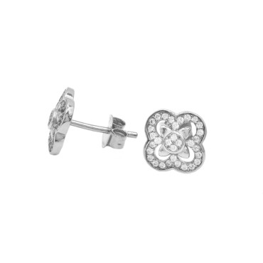 Orecchini a lobo con attacco a pressione fiore semi zirconato bianco con tondo centrale placcato oro bianco in argento9