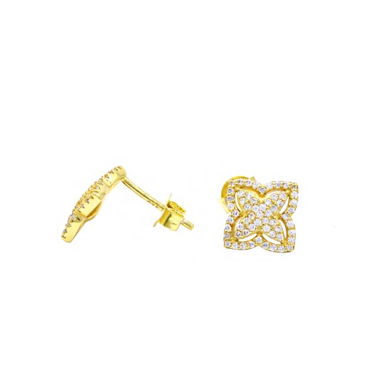 Orecchini a lobo con attacco a pressione fiore traforato semi zirconato bianco placcato oro giallo argento925