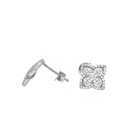 Orecchini a lobo con attacco a pressione fiore traforato semi zirconato bianco placcato oro bianco argento925