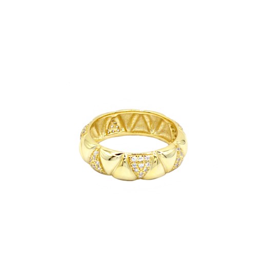 Anello fede bombata semi zirconata intarsiata bianca placcato oro giallo in argento 925 ( MISURA18)