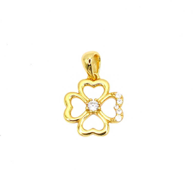 Ciondolo quadrifoglio semi zirconato bianco traforato placcato oro giallo in argento 925