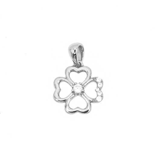 Ciondolo quadrifoglio semi zirconato bianco traforato placcato oro bianco in argento 925
