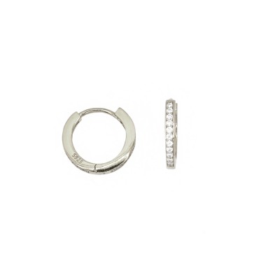 Hoop earrings ø 15 mm with 5 white zircons and white gold plated snap clasp in 925 silver