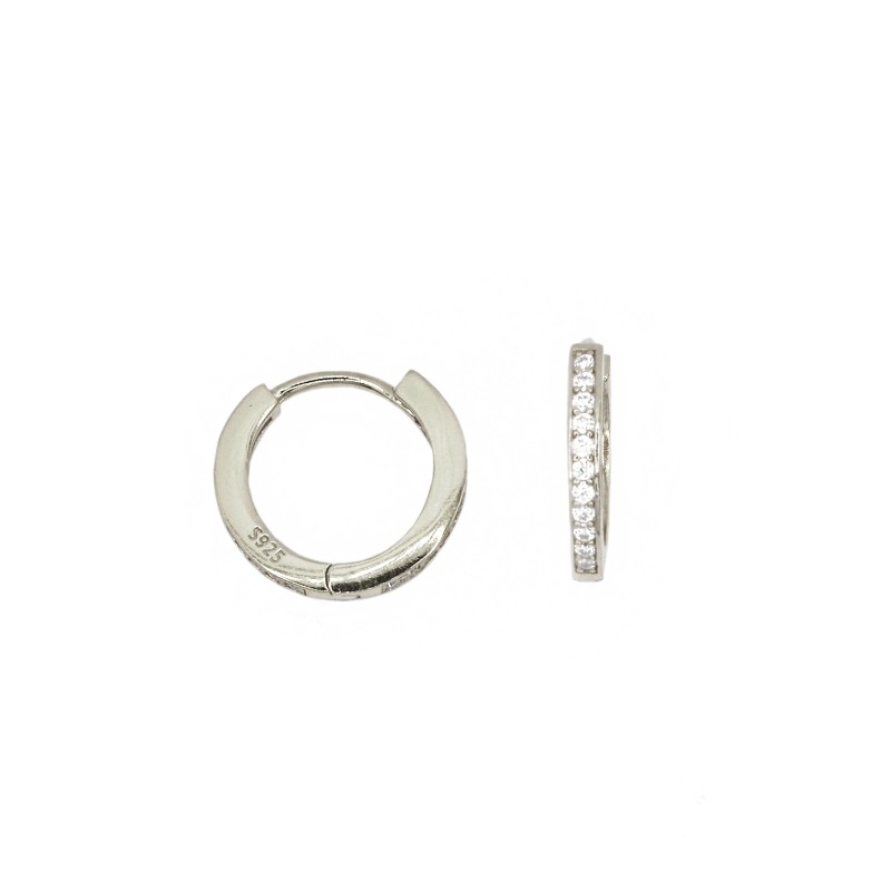Hoop earrings ø 15 mm with 5 white zircons and white gold plated snap clasp in 925 silver