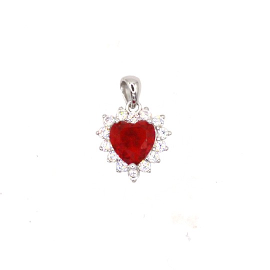 Ciondolo con zircone a cuore rosso in cornice di zirconi bianchi placcato oro bianco in argento925