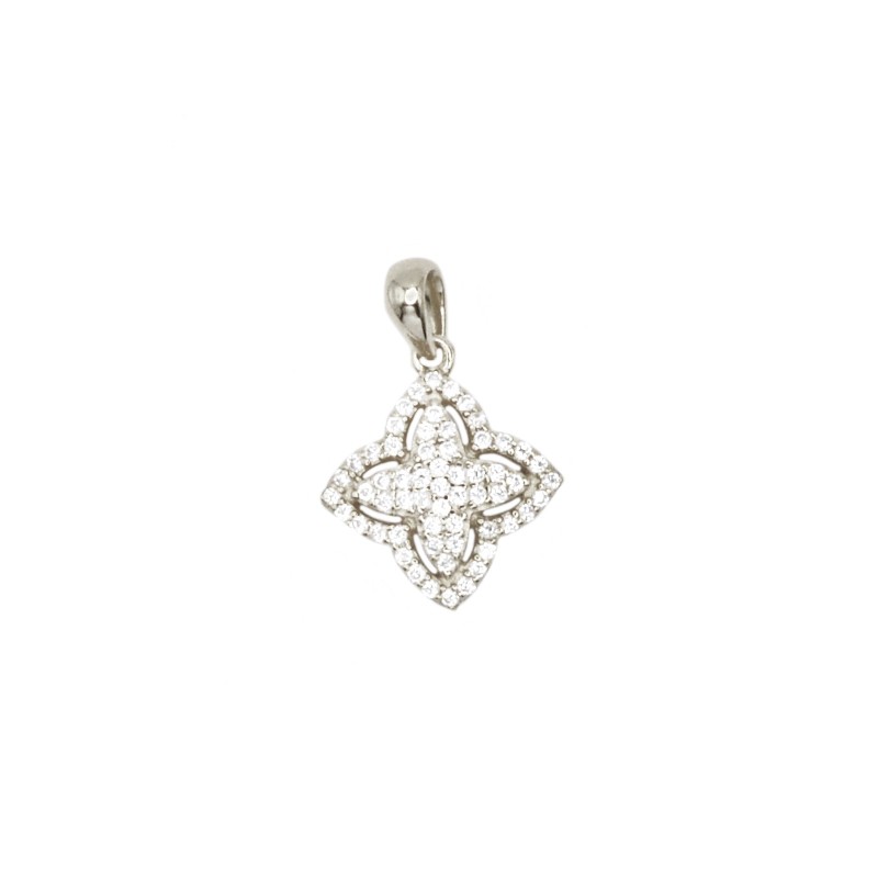 Ciondolo fiore traforato e zirconato bianco placcato oro bianco in argento 925