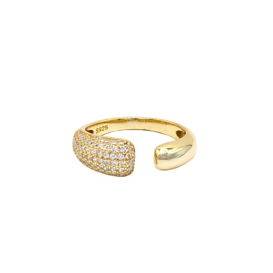 Anello semi contrariè bombatura zirconata bianca e bombatura liscia placcato oro giallo in argento 925(misura 14)