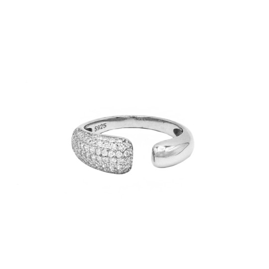 Anello semi contrariè bombatura zirconata bianca e bombatura liscia placcato oro bianco in argento 925(mis 18)