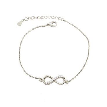 Bracciale maglia forzatina con infinito centrale semi zirconato bianco placcato oro bianco in argento 926