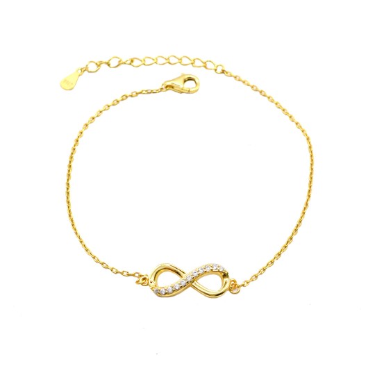 Bracciale maglia forzatina con infinito centrale semi zirconato bianco placcato oro giallo in argento 926