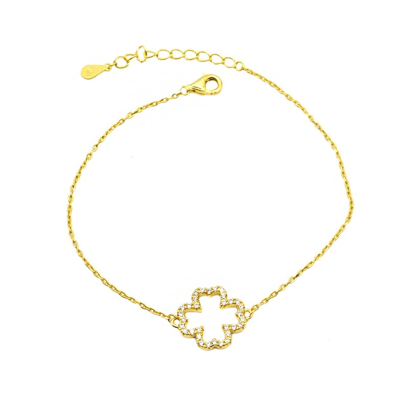 Bracciale maglia forzatina con sagoma quadrifoglio centrale zirconato bianco placcato oro giallo in argento 925