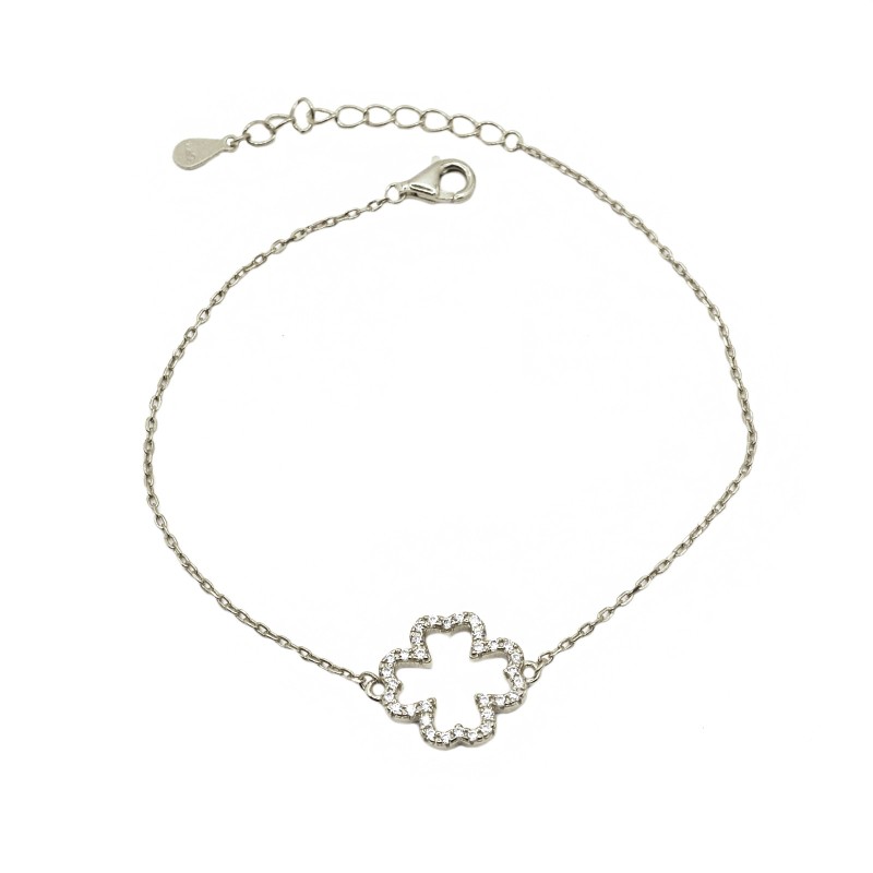 Bracciale maglia forzatina con sagoma quadrifoglio centrale zirconato bianco placcato oro bianco in argento 925