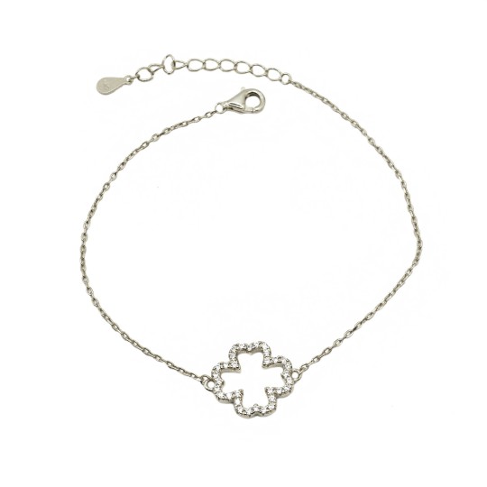Bracciale maglia forzatina con sagoma quadrifoglio centrale zirconato bianco placcato oro bianco in argento 925