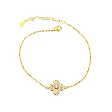 Bracciale maglia forzatina con fiore centrale zirconato bianco e punto luce bianco placcato oro giallo in argento 926