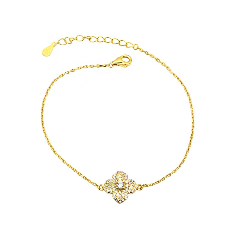 Bracciale maglia forzatina con fiore centrale zirconato bianco e punto luce bianco placcato oro giallo in argento 926