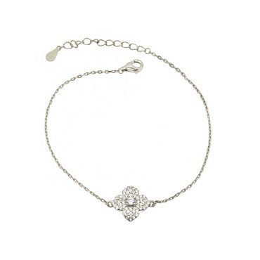 Bracciale maglia forzatina con fiore centrale zirconato bianco e punto luce bianco placcato oro bianco in argento 926