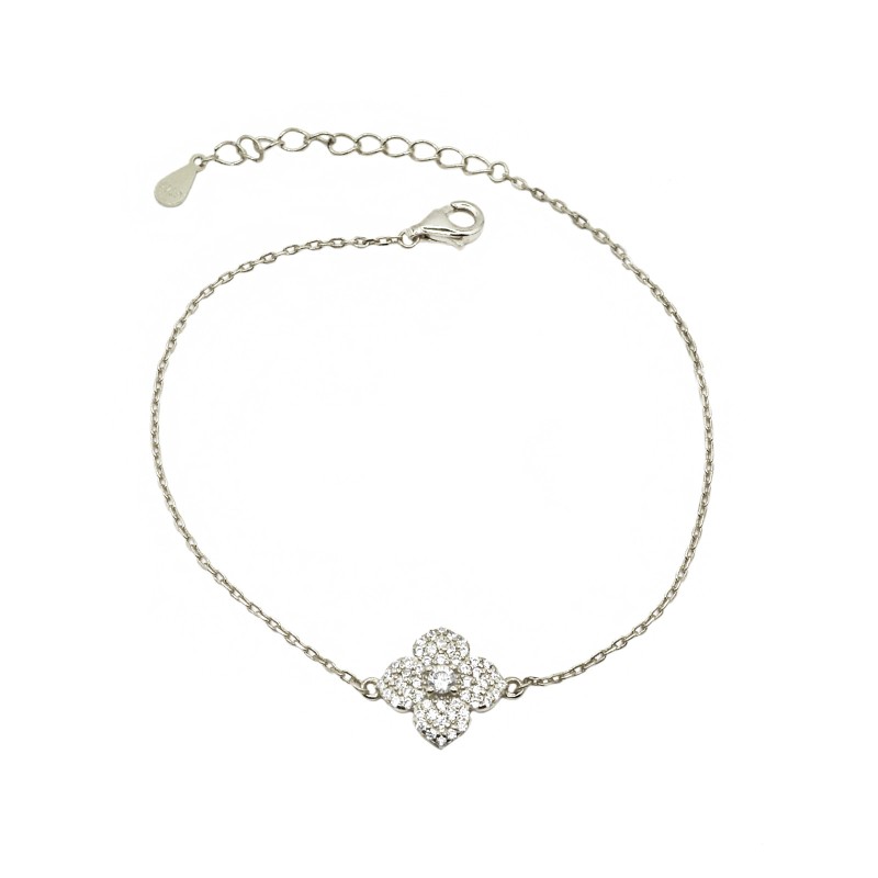 Bracciale maglia forzatina con fiore centrale zirconato bianco e punto luce bianco placcato oro bianco in argento 926