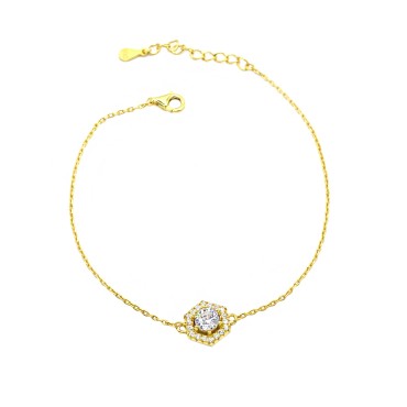 Bracciale maglia forzatina con esagono e punto luce centrale in cornice di zirconi bianchi placcato oro giallo in argento 926