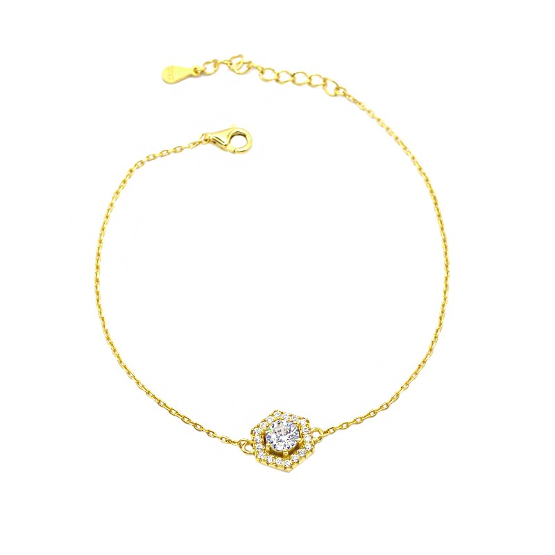 Bracciale maglia forzatina con esagono e punto luce centrale in cornice di zirconi bianchi placcato oro giallo in argento 926