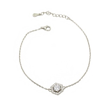 Bracciale maglia forzatina con esagono e punto luce centrale in cornice di zirconi bianchi placcato oro bianco  in argento925