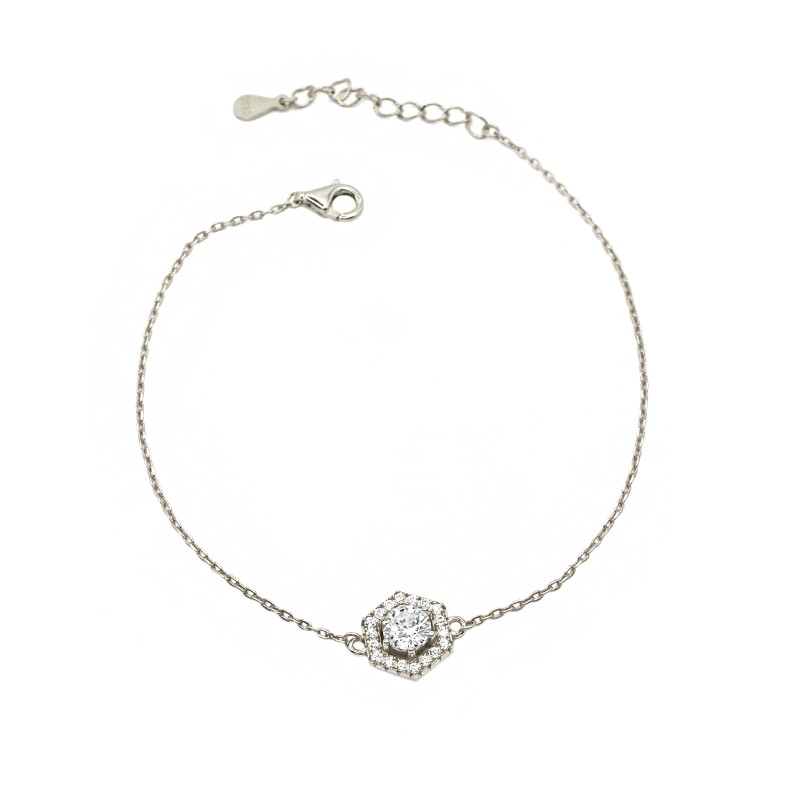 Bracciale maglia forzatina con esagono e punto luce centrale in cornice di zirconi bianchi placcato oro bianco  in argento925