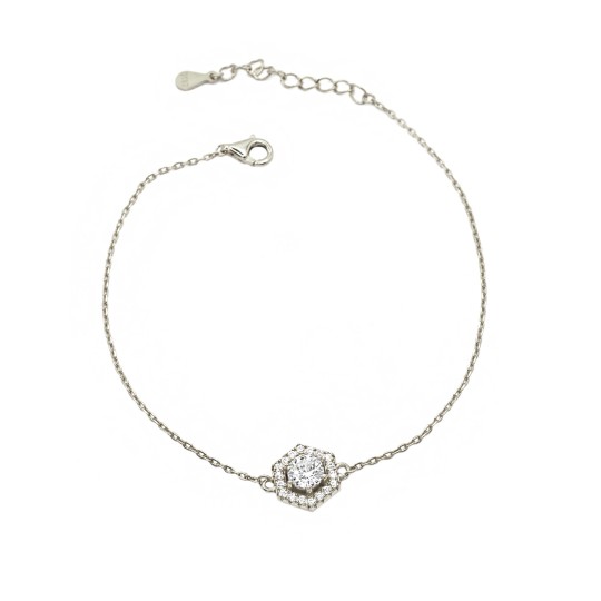 Bracciale maglia forzatina con esagono e punto luce centrale in cornice di zirconi bianchi placcato oro bianco  in argen