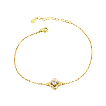 Bracciale maglia forzatina fiore con punto luce centrale in cornice di zirconi bianchi placcato oro giallo in arge