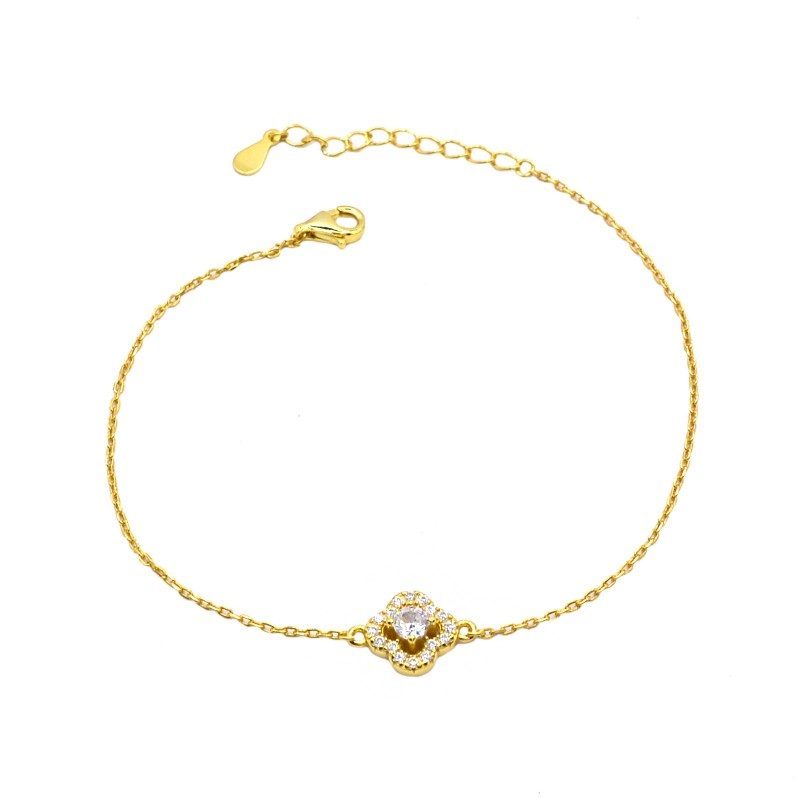 Bracciale maglia forzatina fiore con punto luce centrale in cornice di zirconi bianchi placcato oro giallo in arge