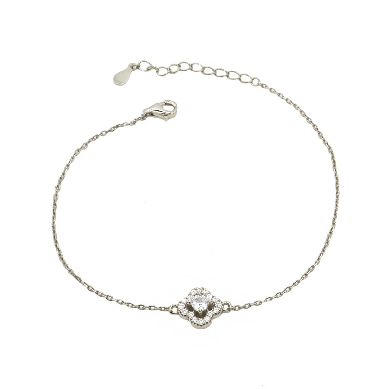 Bracciale maglia forzatina fiore con punto luce centrale in cornice di zirconi bianchi placcato oro bianco in argento925