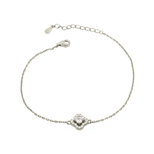 Bracciale maglia forzatina fiore con punto luce centrale in cornice di zirconi bianchi placcato oro bianco in arge