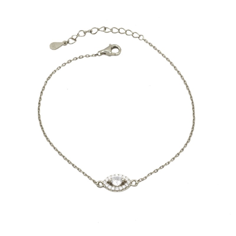 Bracciale maglia forzatina spola con punto luce centrale in cornice di zirconi bianchi placcato oro bianco in argento925