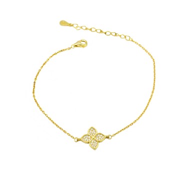 Bracciale maglia forzatina con fiore centrale zirconato bianco placcato oro giallo in argento 926