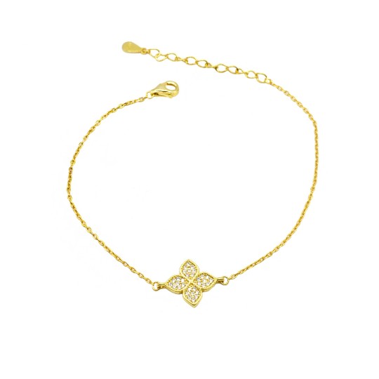 Bracciale maglia forzatina con fiore centrale zirconato bianco placcato oro giallo in argento 926