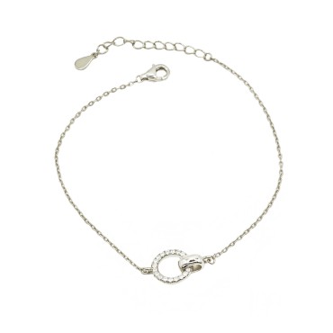 Bracciale maglia forzatina con sagome tondi zirconato e liscio placcato oro bianco in argento 925