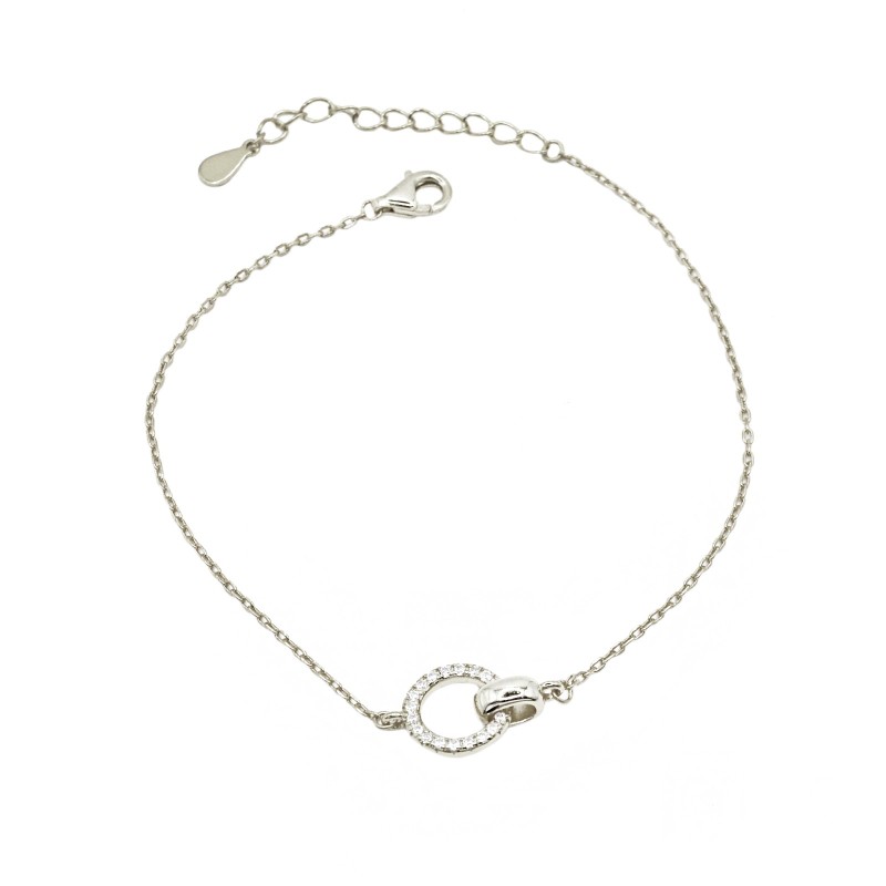 Bracciale maglia forzatina con sagome tondi zirconato e liscio placcato oro bianco in argento 925