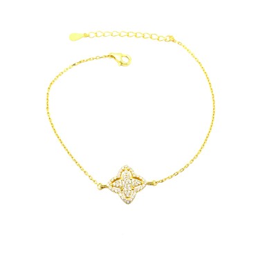 Bracciale maglia forzatina con fiore centrale zirconato bianco e traforato placcato oro giallo in argento 925