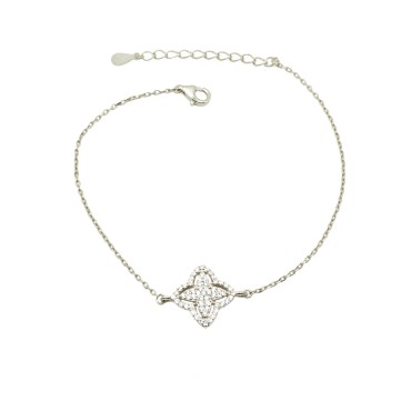 Bracciale maglia forzatina con fiore centrale zirconato bianco e traforato placcato oro bianco in argento 925