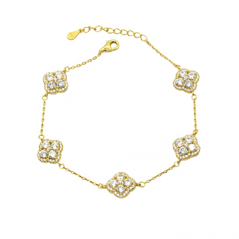 Bracciale maglia forzatina con 5 fiori zirconati bianchi placcato oro giallo in argento 925