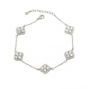 Bracciale maglia forzatina con 5 fiori zirconati bianchi placcato oro bianco in argento 925