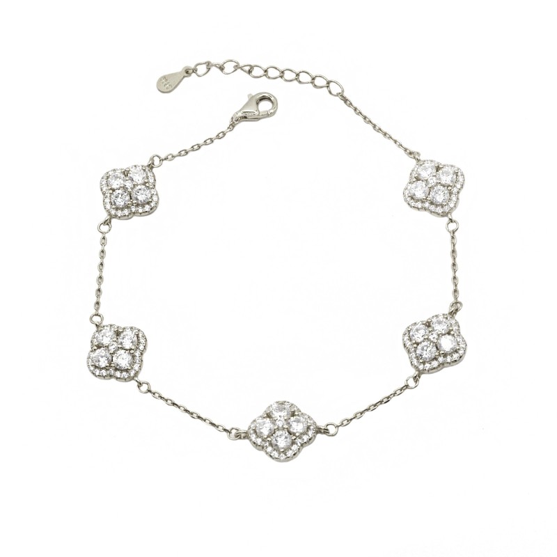 Bracciale maglia forzatina con 5 fiori zirconati bianchi placcato oro bianco in argento 925