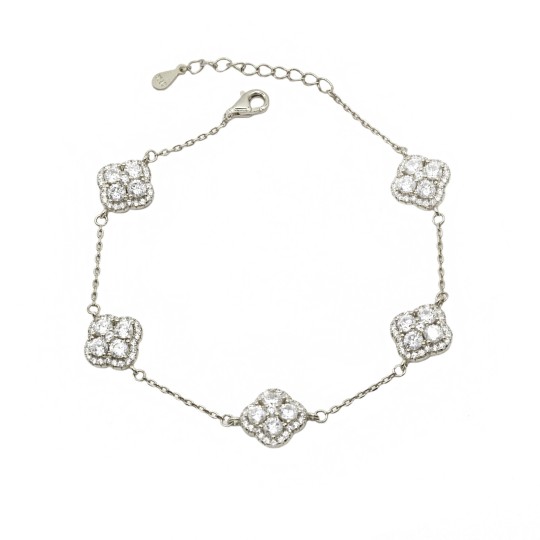Bracciale maglia forzatina con 5 fiori zirconati bianchi placcato oro bianco in argento 925