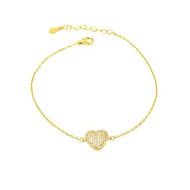 Bracciale maglia forzatina con cuore centrale a pavè di zirconi bianchi traforato dietro placcato oro giallo in argento 925