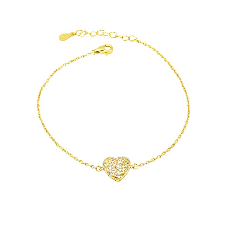 Bracciale maglia forzatina con cuore centrale a pavè di zirconi bianchi traforato dietro placcato oro giallo in argento 925